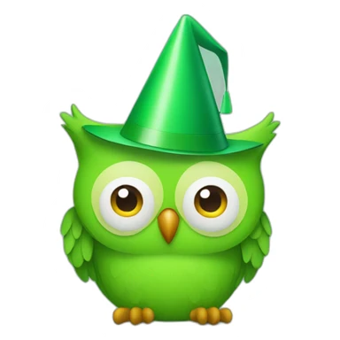 an green owl with a party hat sticker