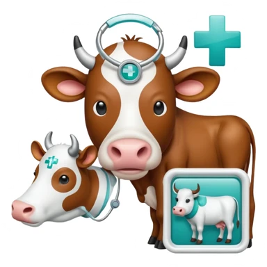 Emoji-style icon of a cow and buffalo with a medical cross and scan frame overlay, representing disease detection and health analysis. Friendly, clean, rounded design, clear at small sizes, teal and white accents, no text, transparent background. sticker