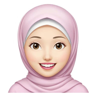 an Asian white woman with a white hijab, her face is small, her lips are pink, her eyes are shining, her face looks happy which shows her white teeth, her eyes are also smiling sticker
