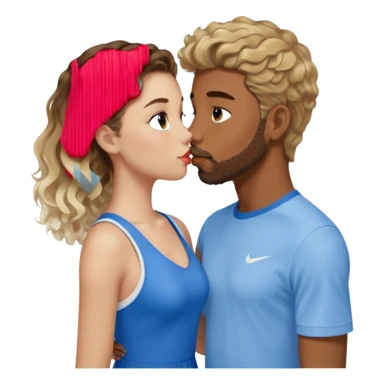 A girl with very long  balayage brown & blond curls kissing a boy with brown short hair and a very short beard. She wears an elegant ress white and he wears a blue sports shirt from nike sticker