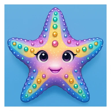 Add a soft blue background behind the apple emoji style rainbow pastel sea star with gems, keep the emoji style and all details. The style should resemble the original apple emoji style with rainbow pastel colors and gem details. sticker