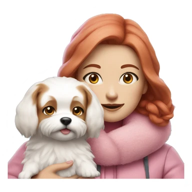 Woman with red hair and blue eyes wearing pink winter clothes holding a small white dog with fluffy fur  sticker