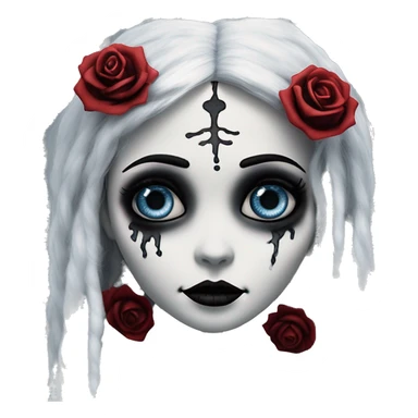 full height skeleton, tim burton "corpse bride", thin porcelain doll with a cracked face, goth makeup watery eyes, long hair, lace and ruffles, lolita style, inked, black and white, red roses, gothic castle with roses sticker