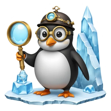 a steampunk engineer penguin analysing a matrix-like data stream descending from the sky, with a magnifying glass on top of an iceberg sticker