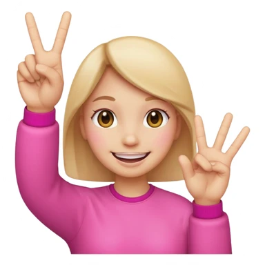 pink emoji face, big smile, making peace sign with hand sticker