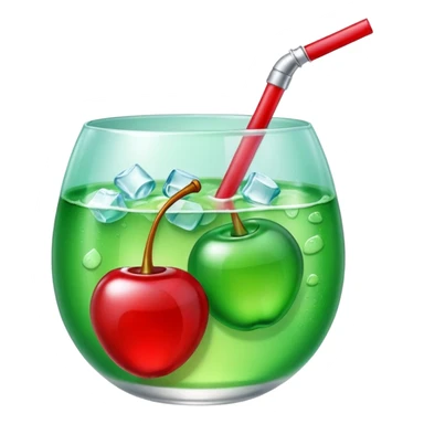 Create an emoji with a very clear rounded glass and ice, bright transparent green soda , a smooth vanilla scoop circle shape, a glossy red cherry, using vibrant colors, soft shading, and clear glass highlights.
 sticker