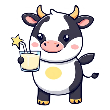 A dreamy cow with stars around it, soft eyes, and flowing milk lines sticker