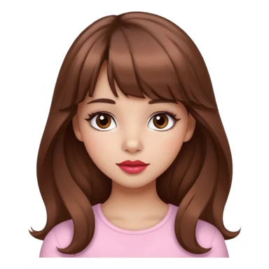 A girly girl with medium skin, soft pinkish cheeks, large bambi dark hazel eyes with long eyelashes, long wavy brown hair with full soft bangs, medium straight nose with a soft tip, medium natural red lips,very feminine and pretty features, sticker