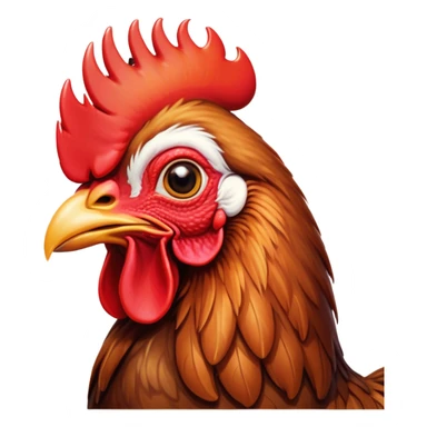 Cinematic Cute Brown Rooster Portrait Emoji, Head tilted playfully and inquisitively, featuring a glossy, immaculate brown plumage with a vibrant red comb, round, sparkling warm eyes filled with curiosity, Simplified yet irresistibly adorable features, highly detailed, glowing with a warm, friendly glow, high shine, affectionate and spirited, stylized with a touch of farmyard whimsy, bright and endearing, soft glowing outline, capturing the essence of a mischievous yet loving rooster, so playful it feels like it could strut out of the screen and into your arms! sticker