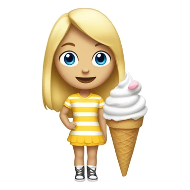 Girl with blonde hair, blue eyes, yellow striped shirt, holding vanilla ice cream cone sticker