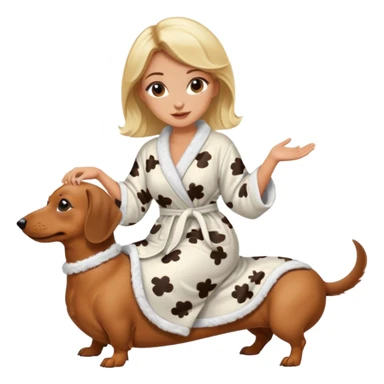 A blonde curvy woman riding on top of a dachshund wearing a robe sticker