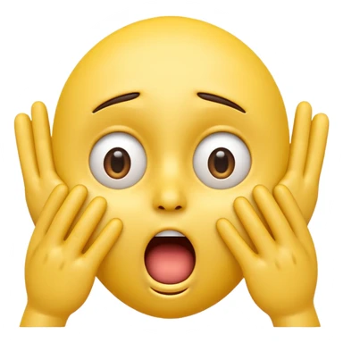 A 3D glossy yellow emoji of a shocked horrified face, with mouth and eyes are wide open, eyebrows  raised, and hands against their cheeks, face has no nose, black background, high quality, soft studio lighting sticker