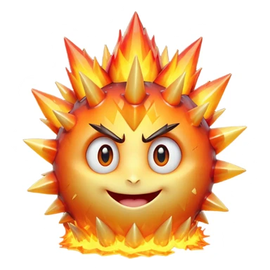 A single spiky crystal rock character, compact and round with many chunky flame-like spikes, glowing red–orange–yellow gradient like fire, faceted crystal texture, cute face with big shiny eyes and excited smile, sticker