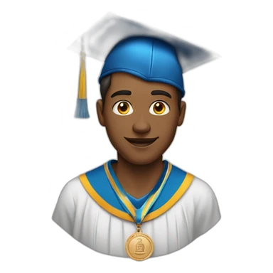 a man with a champion medal on his chest and a graduate hat sticker