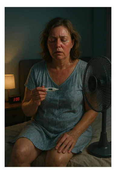 50-year-old woman sitting on bed at 3AM, nightgown soaked in sweat, face flushed as she holds thermometer showing 37.8°C, fan blowing directly on her sticker
