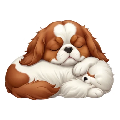 Cinematic Chubby Sleeping Cavalier King Charles Spaniel Portrait Emoji, Chubby and serene, with a round, endearing build and a plush, silky coat of rich chestnut and white, eyes gently closed in peaceful slumber, Simplified yet irresistibly endearing features, highly detailed, glowing with a gentle, dreamy glow, high shine, relaxed and content, stylized with a touch of whimsy, bright and heartwarming, soft glowing outline, capturing the essence of a blissfully sleepy companion, so comically serene it feels like it could roll out of the screen and snore with adorable charm! sticker