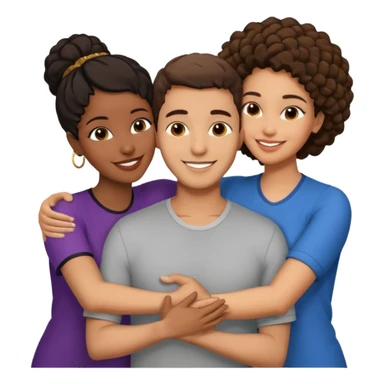  middle Eastern man with short brown hairwith two black african women both are African one is medium tone light tone skin black and one is medium tone black with african hair styles. and they are all smiling and putting their arms around each other and kiss, kissing and hugging. sticker