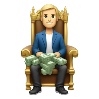 Caucasian Man sitting on a throne of cash with a laptop sticker