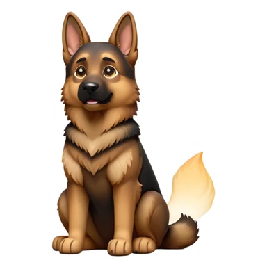 cinematic-[german shepherd]-realistic-full-body-sitting-emoji,-tail-resting-loosely-beside-its-paws,-head-tilted-dramatically,-sleek-[brown and black]-fur,-simplified-yet-realistic-focused-features,-highly-detailed,-glowing-with-an-almost-sarcastic-glow sticker