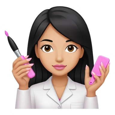 Pink Nail Tech with black long hair holding small acrylic brush sticker