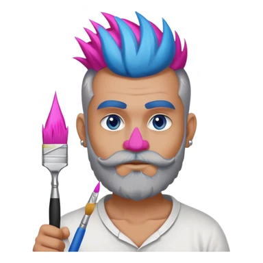 Make a man with thick gray and white beard sorta tan with a Mohawk that’s hot pink with a nose piercing and blue eyes  holding a paint brush  sticker