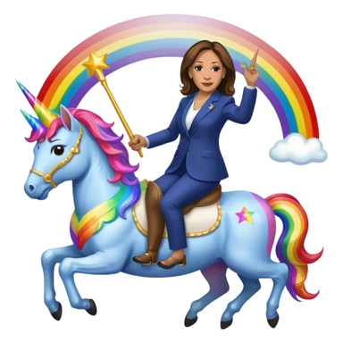 Kamala Harris and donald trump riding a rainbow unicorn sticker