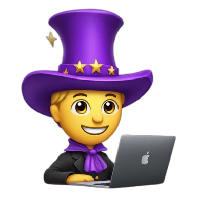 magician with a purple pointy magic hat with a star working on a macbook sticker