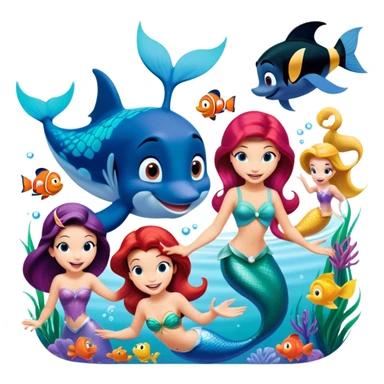 Colorful icon for Animated Movies: A vibrant collage featuring iconic characters like Goofy, Mickey Mouse, Ariel the Little Mermaid, Jasmine, Masha and the Bear, and Luntik. Each character should be large and bright, set against a cheerful and playful background. Transparent background. sticker