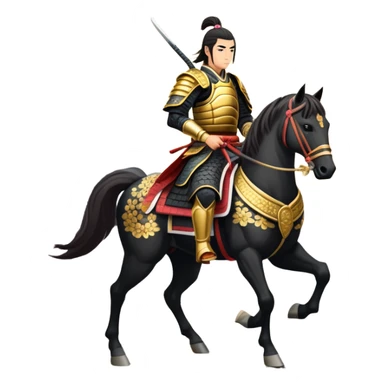 An icon representing an adventure game, inspired by feudal Japan. The design features a disciplined samurai riding a noble warhorse, its armor adorned with intricate patterns. A backdrop of cherry blossoms and a setting sun over a distant pagoda conveys a sense of honor, tradition, and battle-readiness. Transparent background. sticker