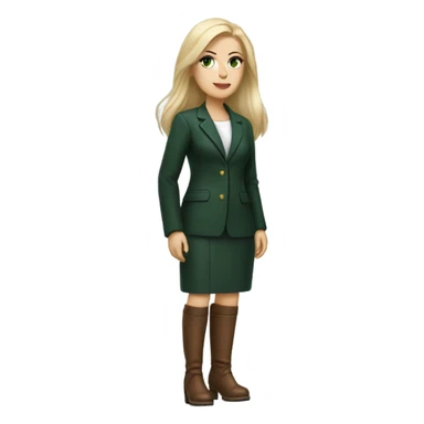 Realistic White woman with Long straight blonde hair and green eyes, dark green Wool oversize blazer, mini skirt and Brown heeled leather boots  sticker