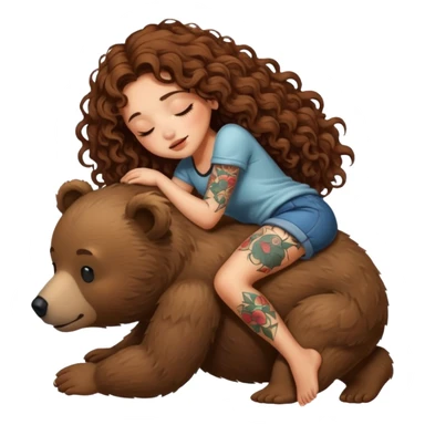 cute woman long curly brown hair tattoos riding sleepy bear sticker