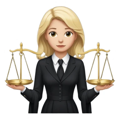 woman lawyer blanche et blonde avec des cheveux mi-long; elle est habillée avec une longue robe noire et un col cravate blanc; la balance de la justice apparaît dans l'ombre derrière elle sticker
