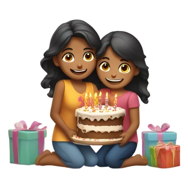 2 Indian girls hug birthday cake and gifts  sticker