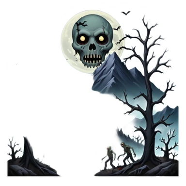 A dark creep Alaskan land scape with rotting trees and zombies rising from the ground infront of evil looking mountains with a cloudy evil moon. sticker