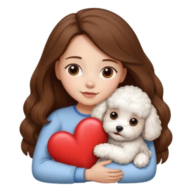 White bichon doh in hug with girl with long brown hair and heart between them sticker