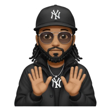 African American man with shoulder length black dreadlocks with black beard wearing black sunglasses wearing a black New York Yankees logo baseball cap wearing a black bubble winter coat with hands together sticker