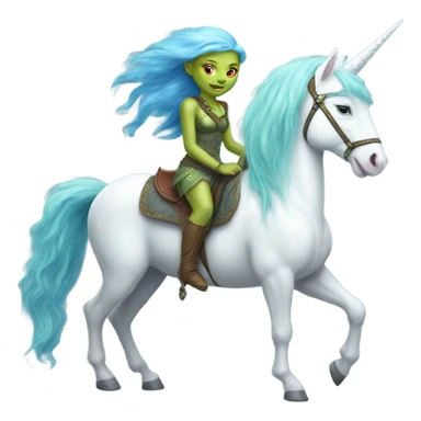 [{a light green Amazon alien woman with red hair with blue eyes} on a [{four-legged white unicorn:[{light blue mane}]] sticker