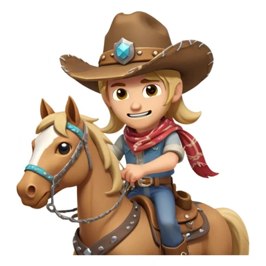 clash-of-clans-aesthetic_-cinematic-playful-cowboy-portrait-emoji, head-tilted with a roguish, cheeky grin and twinkling eyes, featuring a wide-brimmed cowboy hat and a weathered bandana on tan skin, riding a powerful galloping horse with dynamic flowing mane, reins gripped firmly in one hand and a lasso in the other, as dust swirls behind them in a vast desert landscape. sticker