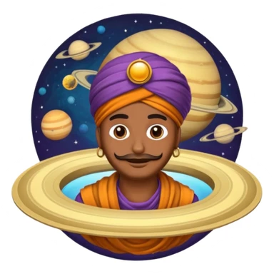 A bold emoji-style illustration with Saturn 🪐 as the dominant element, clearly showing its bright rings. Inside the planet, a stylized man wearing a colorful turban 👳🏾‍♂️, depicted as a mystical or adventurous character, sitting or floating within Saturn, integrated with the planet’s texture. . sticker
