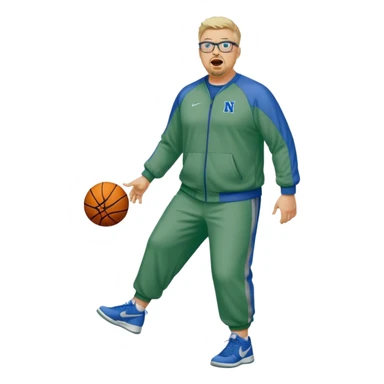 Full Body white male plus size wearing glasses with a goatee with light blonde and gray very short hair yelling basketball head Coach in blue and green Nike dry sweat suit sticker