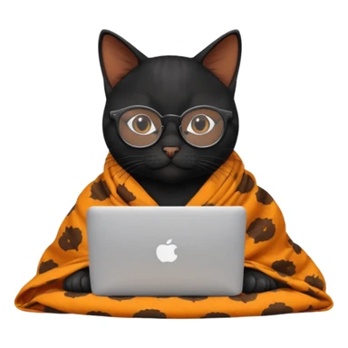 A black female cat working on a MacBook, with round frames and thin glasses, and she wears a blanket with an orange fruit pattern sticker
