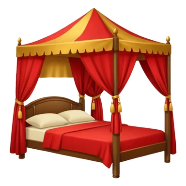 bed with red and gold sheets, wooden, canopy, simple sticker