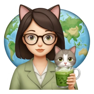 a brunette woman in here 30S drinking an iced matcha, carrying a grey cat and a map of the world sticker