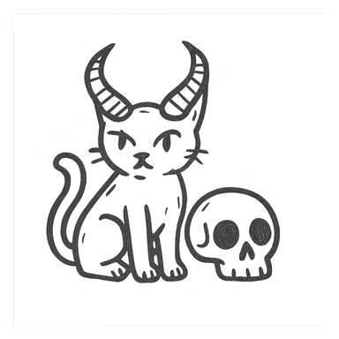 black cat with large demon horns sitting next to a human skull, hand drawn style, bold lines, no fill sticker