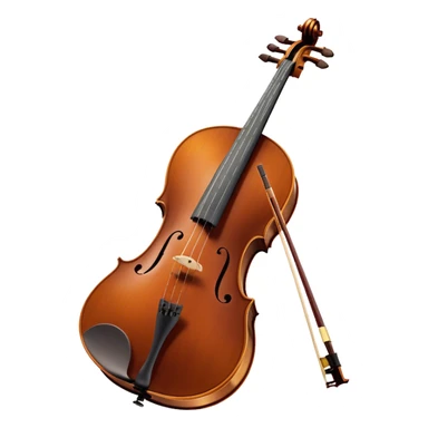 Create an elegant and refined emoji representing the Cremona cello with a Hans Klein HKCB bow. The design should feature the curved wooden body of the cello with a rich, glossy finish, capturing its classical shape and intricate details. The bow should be displayed with fine craftsmanship, highlighting the hair and the smooth, polished wooden stick. Include subtle musical notes floating around the instrument to emphasize its rich, melodic sound. Use deep wood tones like chestnut brown, gold accents for the fittings, and soft lighting effects to give the instrument a timeless, professional feel. The background should be transparent. sticker