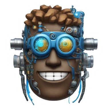Brown cyborg head with blue Mohawk, blue beard, silver steampunk monocle goggles a smile and circuits sticker
