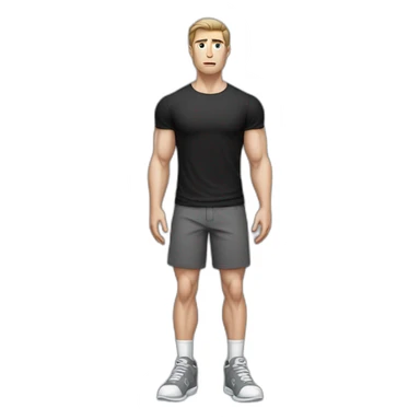 Confused Pale skinned Fit Man With the biceps and dark brown hair in black shirt, gray sports shorts and white Sneakers sticker