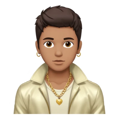 Frankie Zulferino, Pop Singer (b.1990) with dark brown hair, ivory metallic jacket, shirtless with necklace sticker