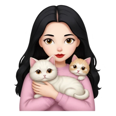 Beautiful Girl Long Hair black, Brows Big , Skin White, Sweater Pale Pink , Big Red Lips, Eyes Brown, Hug Little baby Persa Cream Cat With Cute Eyes sticker