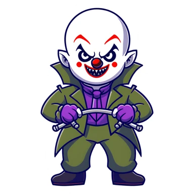 evil clown warrior, bald, small black horns on forehead, fangs, pointed ears, eye patch over one eye, long coat over black and military green leisure suit with bellbottom pants, tail, holding a whip, no knife, realistically proportioned, less bulky, full body visible, battle-ready fighting posture sticker